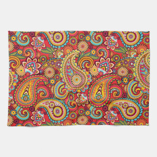 Bright Red Floral paisley bohemian patroon Theedoek