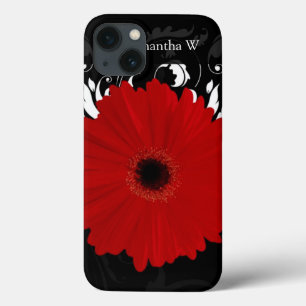 Bright Red Gerbera Daisy op zwart iPhone 13 Hoesje