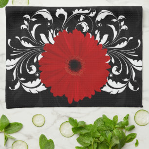 Bright Red Gerbera Daisy op zwart Theedoek