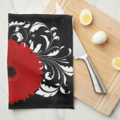 Bright Red Gerbera Daisy op zwart Theedoek (Quarter Fold)