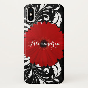 Bright Red Gerbera Daisy  zwart monogram iPhone X Hoesje