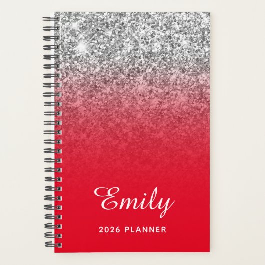 Bright Red Silver Glitter Ombre op maat Planner (Voorkant)