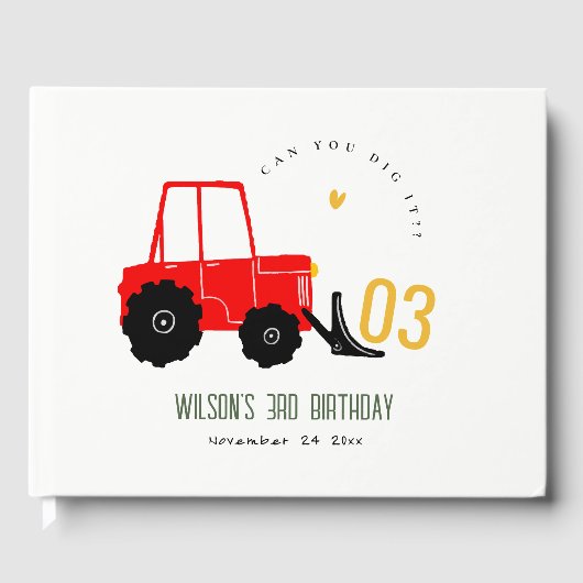 Bright Red Yellow Digger Kinder Any Age Verjaardag Gastenboek (Voorkant)