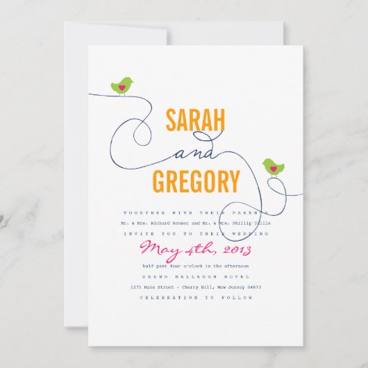 Bright Retro Inséparables mariage Invitations (Devant)