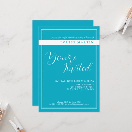 Bright Rich Sky Blue Custom Invitation d'anniversa (Devant/Arrière en situation)