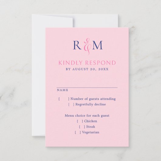 Bright Rose Navy Simple Monogramme Mariage RSVP (Devant)