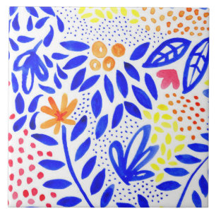 Bright Royal Blue Floral Spring Pattern Tegeltje