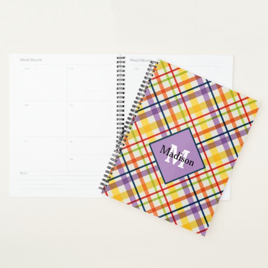 Bright School Plaid Monogramme Planner Purple (Devant avec enveloppe)