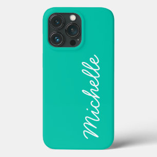 Bright Seafoam Green & White Custom Name of Text iPhone 13 Pro Hoesje