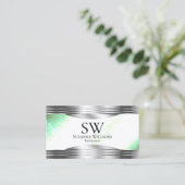 Bright Shimmery Mint Silver Borders Monogram Foto Visitekaartje (Staand voorkant)
