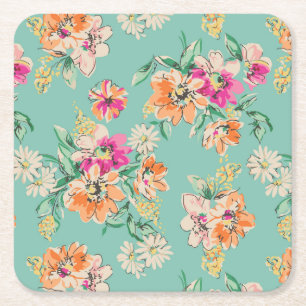 Bright Sketch Floral Pattern Vierkante Kartonnen Onderzetter