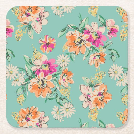 Bright Sketch Floral Pattern Vierkante Kartonnen Onderzetter (Voorkant)