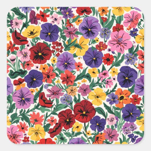 Bright Spring Pansies Floral Garden Pattern Vierkante Sticker (Voorkant)