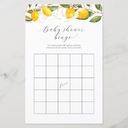 Bright Summer Bingo Lemon Citrus Baby shower Game (Voorkant)
