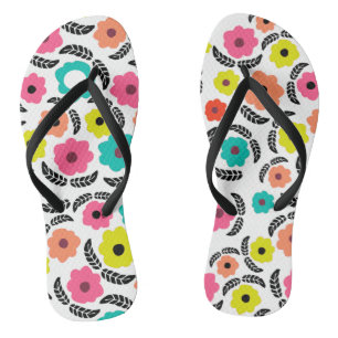 Bright Summer Flowers en Black Leaf Pattern Teenslippers