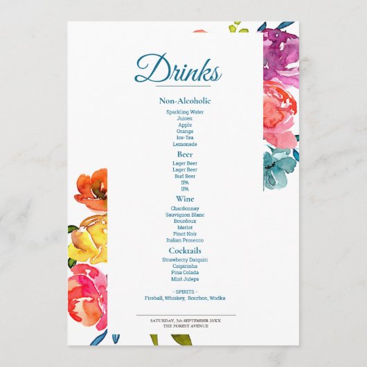 Bright Summer turquoise Mariage plat Menu & Boisso (Dos)