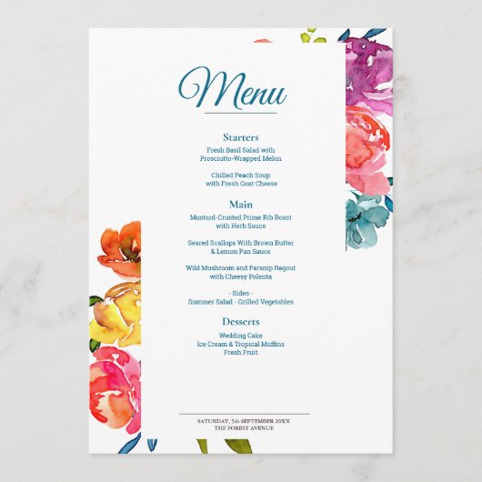 Bright Summer turquoise Mariage plat Menu & Boisso (Devant)