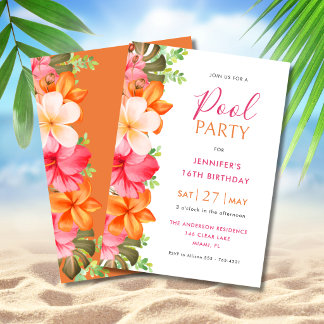 Bright Tropical Floral Birthday Pool Party  Kaart