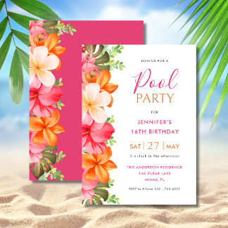 Bright Tropical Floral Birthday Pool Party Pink Kaart