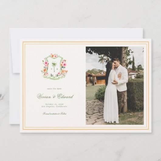 Bright Tropical Palm Tree Crest Beach Wedding Save The Date (Voorkant)