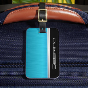 Bright Turquoise Blue Brush Steel en Silver Print Bagagelabel