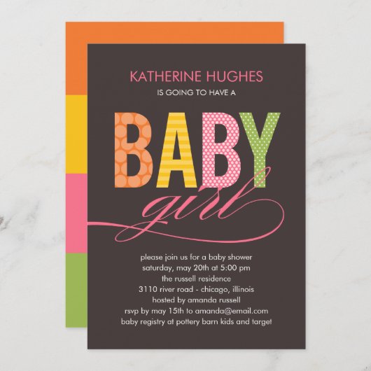 Bright Type Baby shower Invitation - Fille (Devant / Derrière)