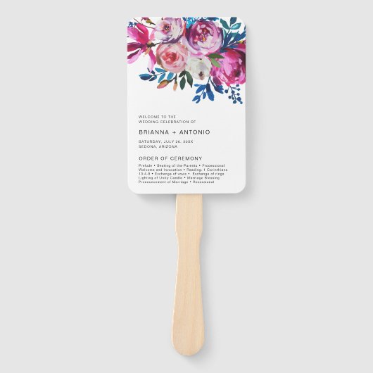 Bright Vibrant Pink Floral Modern Wedding Programm Handwaaier (Voorkant)