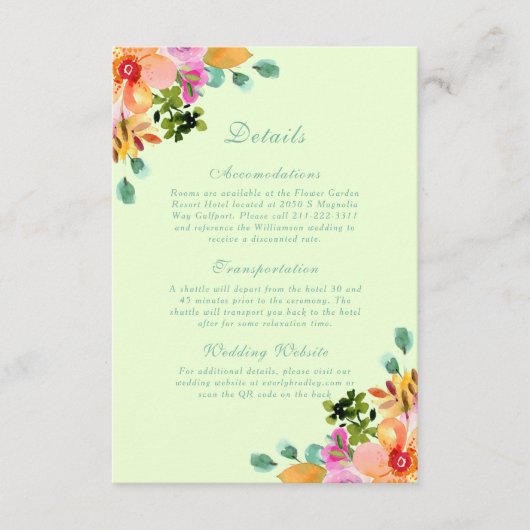 Bright Waterverf Floral QR Code Detail Bruiloft Informatiekaartje (Voorkant)