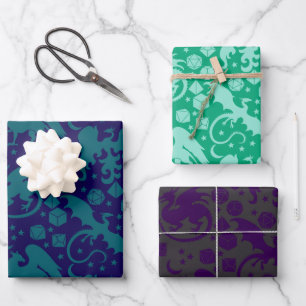 Bright Whimsical Dragon & Dice Paarse blauw groen Inpakpapier Vel