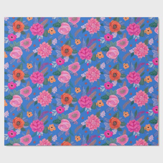 Bright Wildflowers Roze Blauw Verjaardagsfeest Cadeaupapier (Vlak)