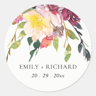 BRIGHT YELLOW BLUSH BURGUNDY FLORAL BUNCH WEDING RONDE STICKER