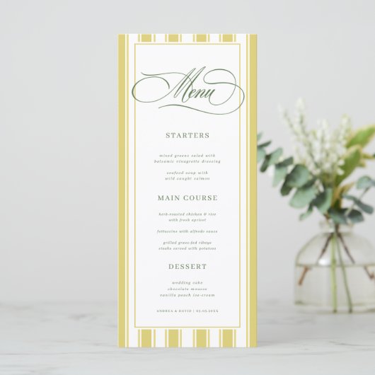 Bright Yellow Green Zesty Stripes Classic Wedding Menu (Staand voorkant)