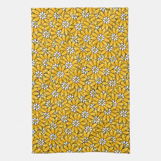 Bright Yellow Overlapping Floral Pattern Theedoek (Verticaal)