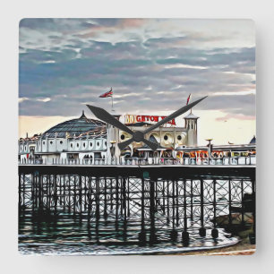 Brighton Pier & Cloudy Sky Digital Painting Vierkante Klok