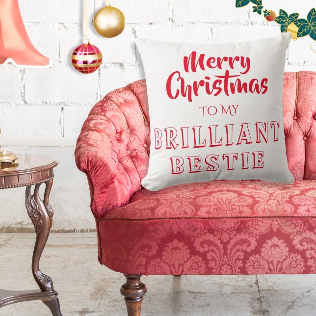 Briljant Bestie Beste Vriend Gift Vrolijk Kerstfee Kussen (Say Merry Christmas to your brilliant best friend, with this red and white festive cushion.)