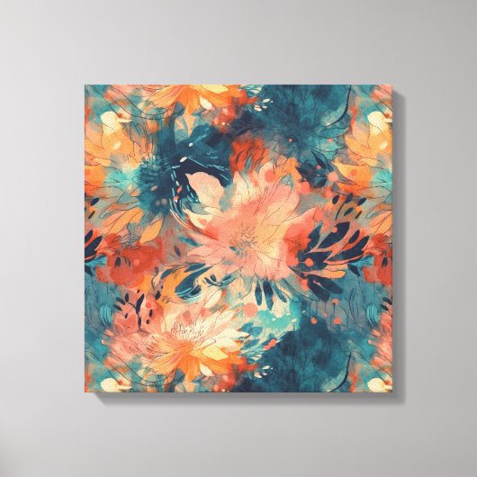 Briljant koraal en Blauwgroen Abstracte bloemen Canvas Afdruk (Voorkant)