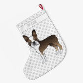 Brindle Boston Terrier Cartoon Dog & Custom Name Grote Kerstsok (Achterkant (Hangend))