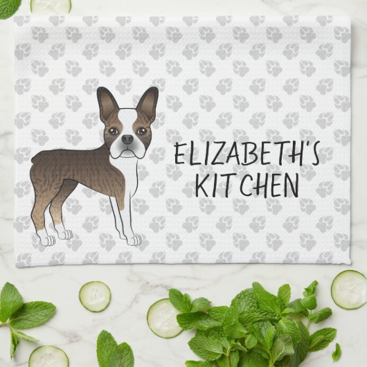 Brindle Boston Terrier Cartoon Dog & Custom Text Theedoek (Gevouwen)