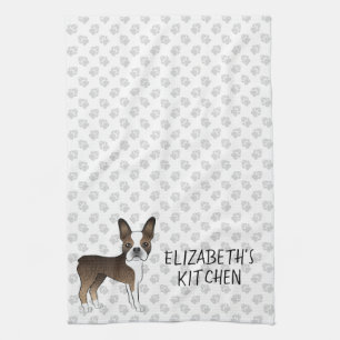 Brindle Boston Terrier Cartoon Dog & Custom Text Theedoek