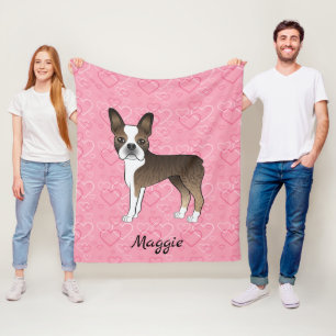Brindle Boston Terrier Dog op roze harten en naam Fleece Deken