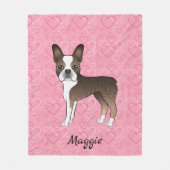 Brindle Boston Terrier Dog op roze harten en naam Fleece Deken (Voorkant)