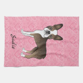 Brindle Boston Terrier Dog op roze harten en naam Theedoek (Horizontaal)