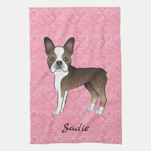 Brindle Boston Terrier-hond op roze harten en naam Theedoek