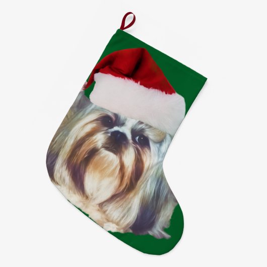 Brindle en White Shih Tzu Dog Grote Kerstsok (Voorkant (Hangend))