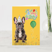 Brindle French Bulldog Party Hat Yellow Birthday Kaart (Voorkant)