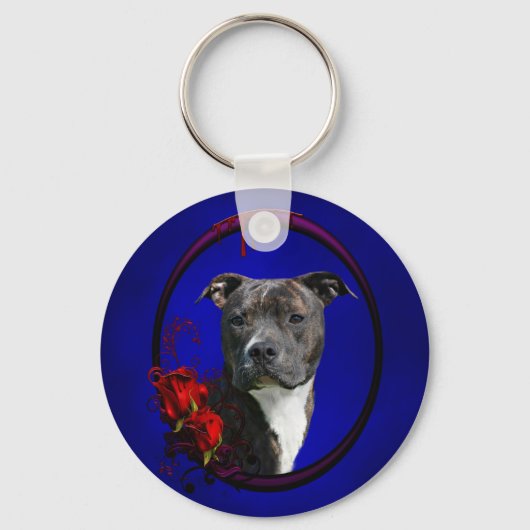 Brindle pitbull met rozen sleutelhanger (Voorkant)