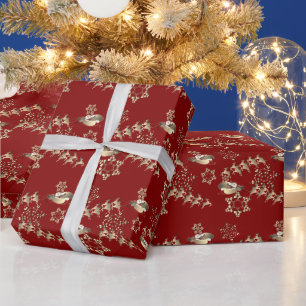 Brinze Reindeer & Santa Snowflakes op rood Cadeaupapier