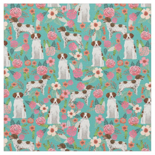 britans spaniel dog  florals turquoise stof (Close Up)