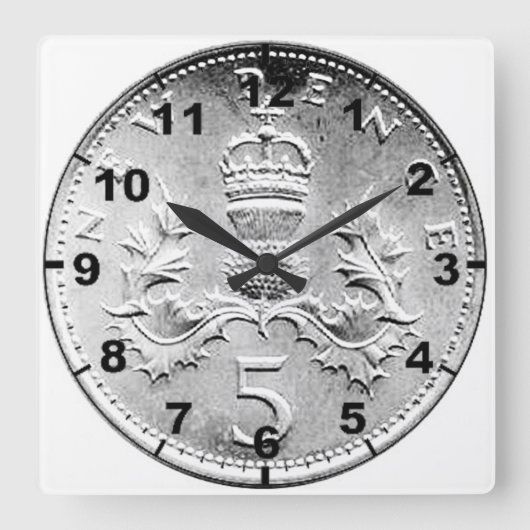 "British 5p Coin"-ontwerpwandklokken Vierkante Klok (Voorkant)
