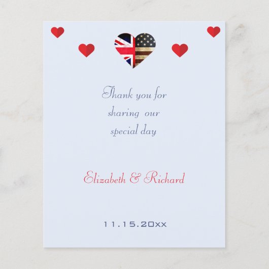British American Flag Hearts Romantic Wedding Menu (Achterkant)